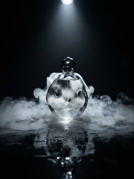 Fragrance bottle emerging from smoke on reflective surface, theatrical photography