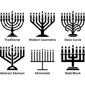 Hanukkah menorah icon set, 6 black vector chanukiah symbols. Traditional and modern geometric Jewish holiday candelabra silhouettes.