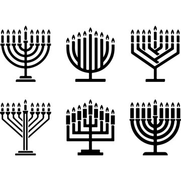 Hanukkah menorah icon set, 6 black vector chanukiah symbols with burning candles, Jewish holiday religious silhouettes