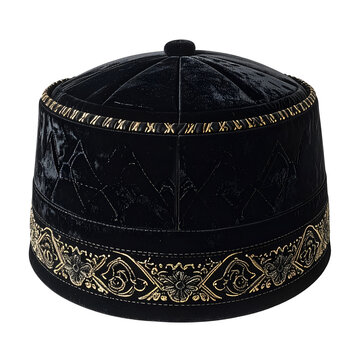 Elegant Islamic Black Velvet Songkok Cap with Golden Floral Ornament