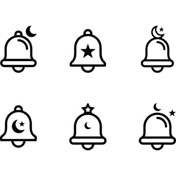 Islamic bell icon set with crescent moon and star symbols, 6 black line vector icons for Ramadan and prayer notifications
