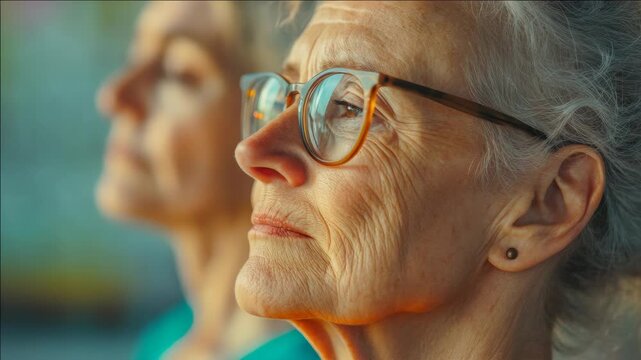 An elderly woman wearing glasses and basking in the warmth of the sun.