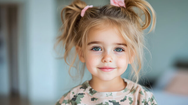 Close-up portrait of adorable little girl with bright blue eyes, cute freckles, and blonde hair styled in messy double pigtails, looking at camera with gentle smile