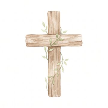 Watercolor Illustration of a Rustic Wooden Christian Cross