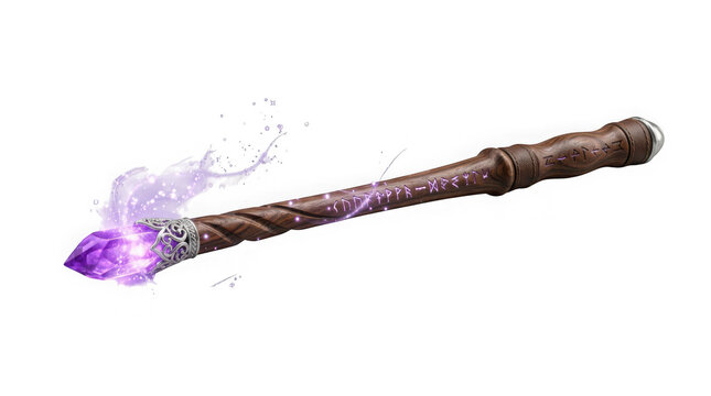 A magical wooden wand with a glowing purple crystal tip isolated on a white background for your halloween png project