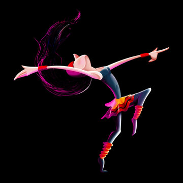 ballerina dancing with flowing hair - color and movements - light and shadow black background -Stylized 3D female dancer
