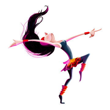 ballerina dancing with flowing hair - color and movements - light and shadow white background -Stylized 3D female dancer