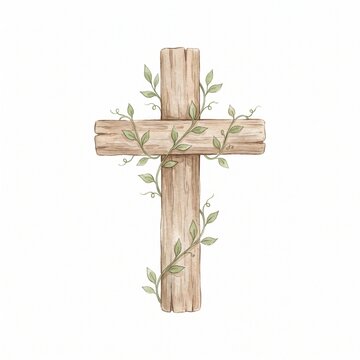 Watercolor Illustration of a Rustic Wooden Christian Cross