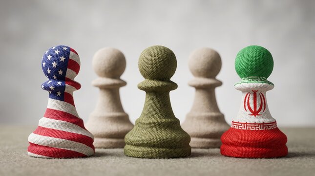 Geopolitical strategy concept featuring chess pawns decorated with national flags standing in a row with pieces remaining neutral textured chess