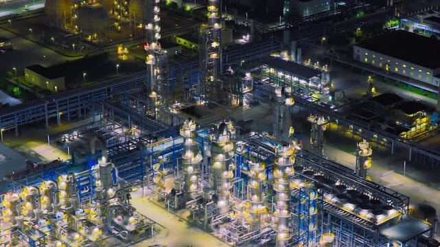 Illuminated petrochemical refinery at night, showing distillation towers, storage tanks, pipe networks, and processing infrastructure for energy, industry, and engineering concepts.