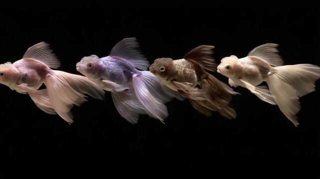 Four fantail goldfish in a row, swimming against a black background. Varying colors