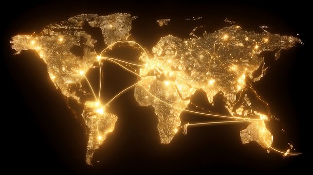 Golden glittery textured continents on black background with light reflection