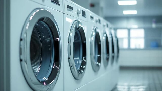 Row of sleek white washing machines in clean laundry room. Circular glass doors reflect soft overhead lighting. Uniform machines line the space with minimal decor