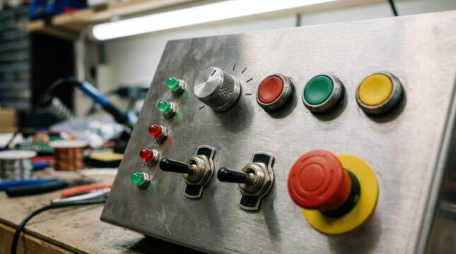 Industrial control panel with pushbuttons, toggle switches, indicator lamps, rotary selector, and emergency stop on brushed steel.