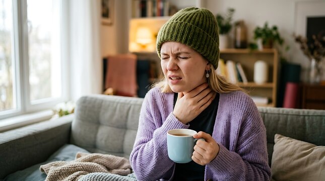 Sick woman holding a mug while suffering from a sore throat