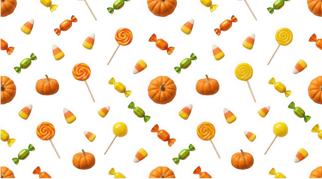 Seamless pattern featuring pumpkins and assorted candies for a festive halloween png design element on a solid black background
