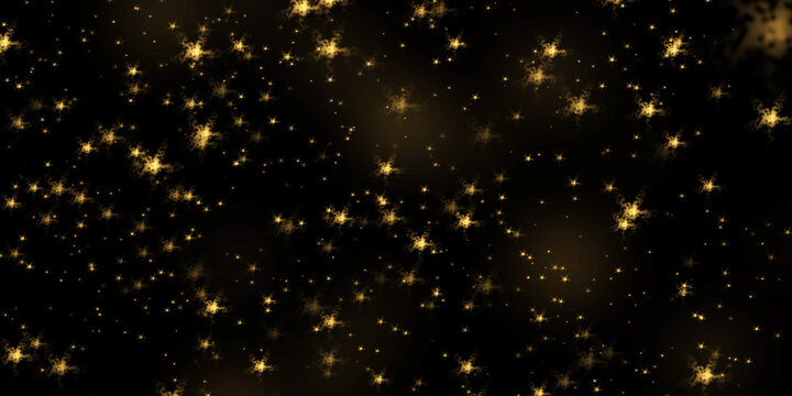 Dark night sky filled with many small sparkling golden glowing star patterns