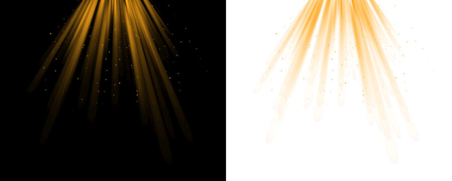Golden light rays and spotlight beams abstract effect on black and white backgrounds