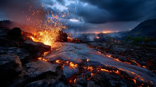 Lava erupts violently over dark volcanic rock with a smoky background of distant fiery lights and dramatic storm clouds.