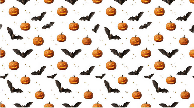 Seamless pattern featuring spooky carved pumpkins and flying bats on a dark background perfect for your halloween png designs