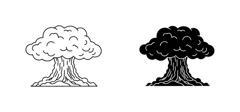 Nuclear Explosion Mushroom Cloud Icons, Black and White, Vector Graphics