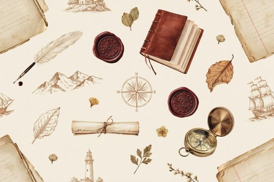 Seamless background, pattern featuring vintage, exploration like antique, compass, quill pen, sailing ship, wax, seals, and old, parchment paper