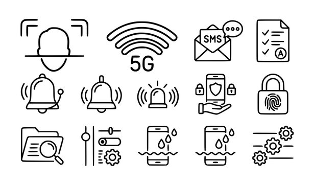 Contemporary Digital Security and Communication Icons Set with Smartphone WiFi Alarm Face Recognition and Search