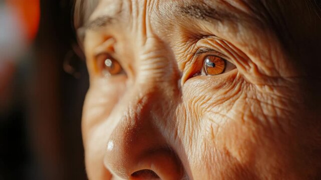 The features an elderly individual with prominent facial wrinkles. The eyes are open, revealing the iris color.