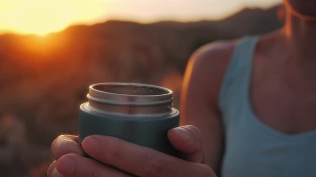 Woman embracing warmth and solitude while holding a steaming thermos cup at golden hour sunset in arid mountain landscape, embodying peacefulness and self-reliance for outdoor enthusiasts and wellness