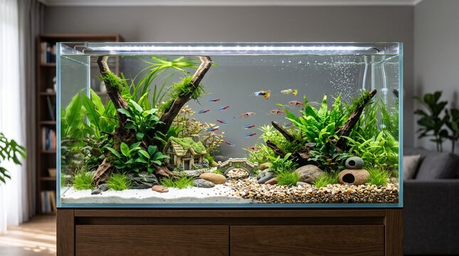 Modern aquascaped freshwater aquarium, planted fish tank with tropical fish, luxury home interior decor with natural glass aquarium