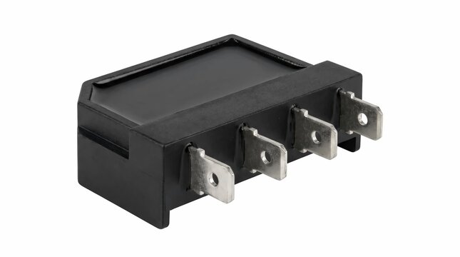 Electronic power bridge rectifier component with metallic pins isolated on a clean white background for industrial and electrical engineering projects