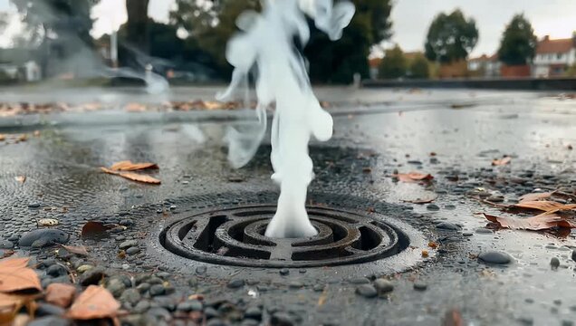 Moody ultra-HD 4K close-up capturing a thick cloud of white steam slowly rising from a street drainage grate ideal for simulating industrial mist urban fog or atmospheric pollution