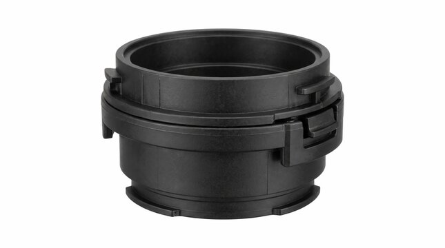 Black plastic circular industrial connector component showing intricate mechanical design details isolated against a clean solid plain white studio background