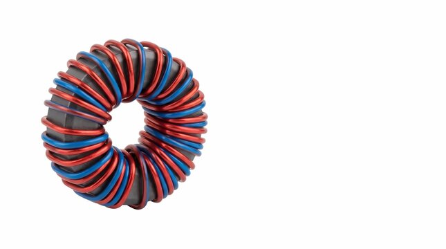 Toroidal inductor featuring vibrant red and blue copper wire windings wrapped around a dark grey circular magnetic ferrite core component