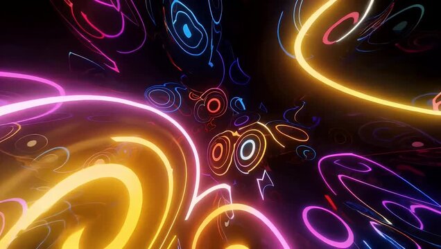 Modern ultra-HD 4K motion graphic backdrop of glowing neon puzzle piece icons animating smoothly across a pitch-black background symbolizing creative collaboration strategic solutions and