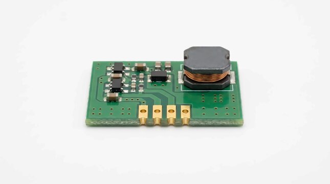 Green electronic circuit board featuring golden contact pins and a copper coil inductor component isolated against a clean white background