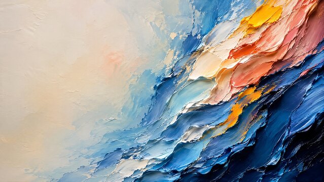 Abstract oil painting with layered blue, coral, cream and gold impasto strokes sweeping diagonally across a soft neutral background with spacious copy space