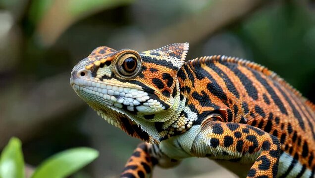 stunning ultra-clear 4K close-up portrait of a panther chameleon features vibrant black and orange camouflage patterns showcasing the exotic reptile s beauty and natural coloration perfect for