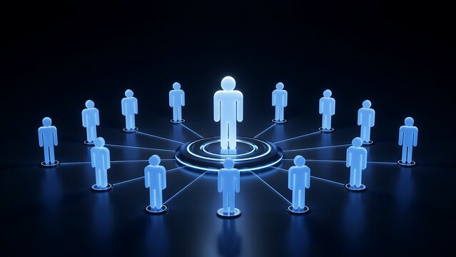 Central illuminated human figure radiating connections to multiple surrounding figures, illustrating leadership, network, and hierarchical structure in a digital context.
