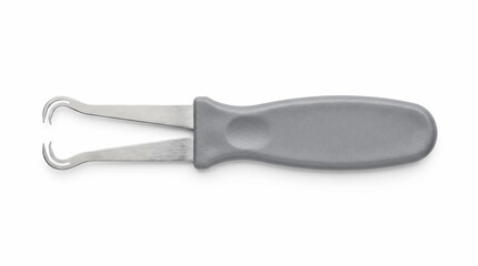 Fototapeta premium Stainless steel hook remover tool featuring a grey ergonomic plastic handle isolated on a plain white studio background for fishermen