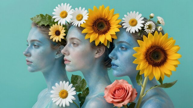 A symbolic representation of personal growth through transformation, featuring three serene faces adorned with sunflowers and daisies against a calming teal background.