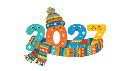 Naklejka premium Stylized numbers 2027 with winter clothing and facial features vector illustration