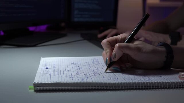 Hands writing algorithm notes beside glowing monitor during latenight coding session, pen sketching flowcharts and pseudocode under dim blue light, focused solitude and steady handwriting capturing