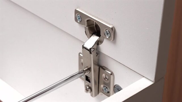 Close-up of hand adjusting European-style cabinet hinge with screwdriver during furniture assembly