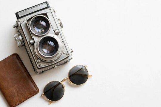 Vintage Twin Lens Reflex Camera with Sunglasses and Wallet.