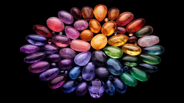 A colorful arrangement of various gemstones, showcasing their unique shapes and hues