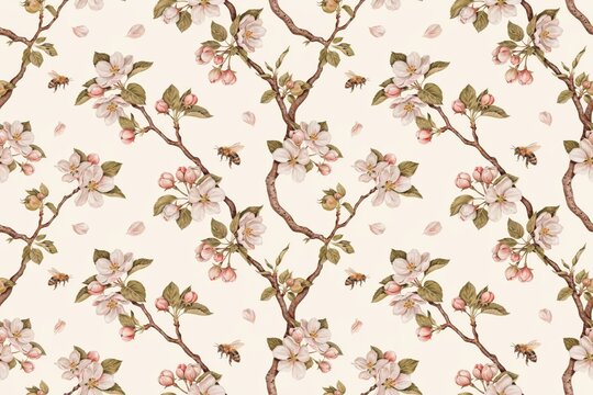 Seamless botanical pattern with blooming apple tree branches, pink flowers, green leaves, and flying honey bees on a light cream background