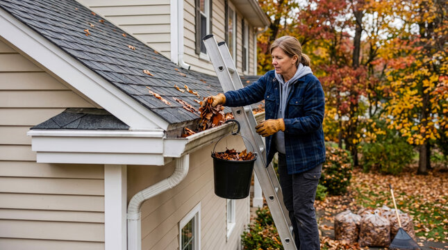 Mature Woman Standing on Ladder Cleans Fallen Autumn Leaves from Residential House Gutters into Black Bucket During Crisp Fall Day for Seasonal Home Maintenance and Care