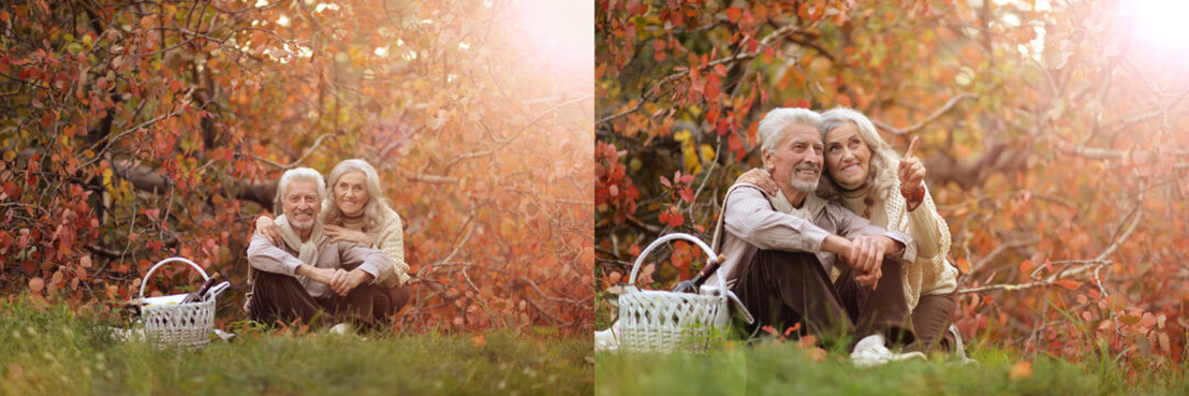 Senior couple sitting together in autumn garden with baskets
