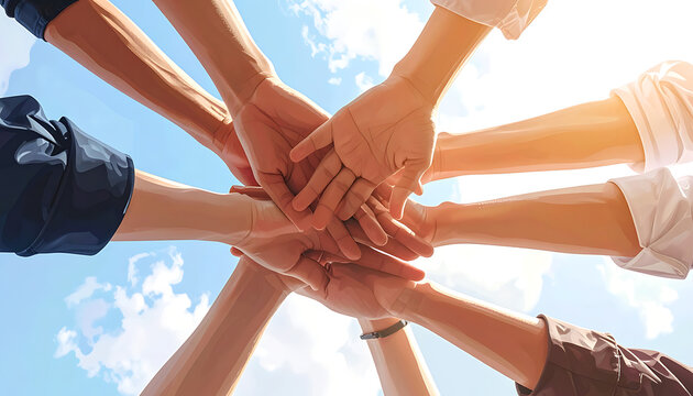 Diverse group of hands stacked together in unity and teamwork, reaching up towards a bright blue sky, symbolizing cooperation and support